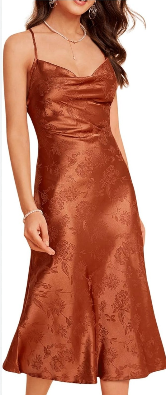 Womens brown floral satin cocktail formal dress