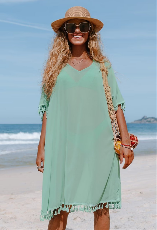 CUPSHE Tinsley light green v-neck tassle beach cover up dress