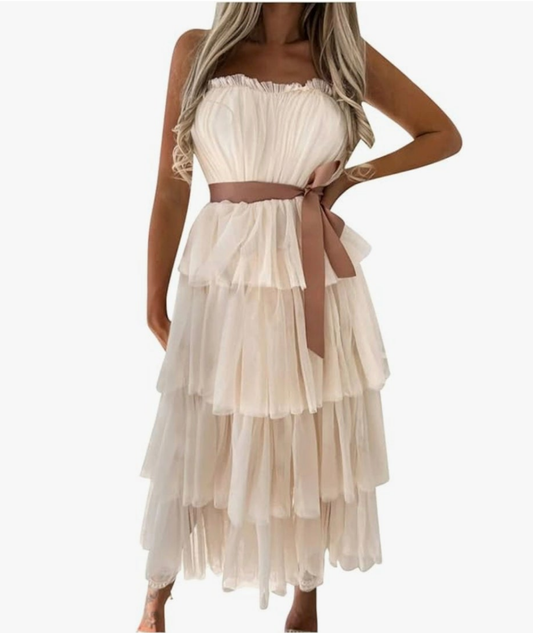 Womens beige tulle tutu strapless midi dress