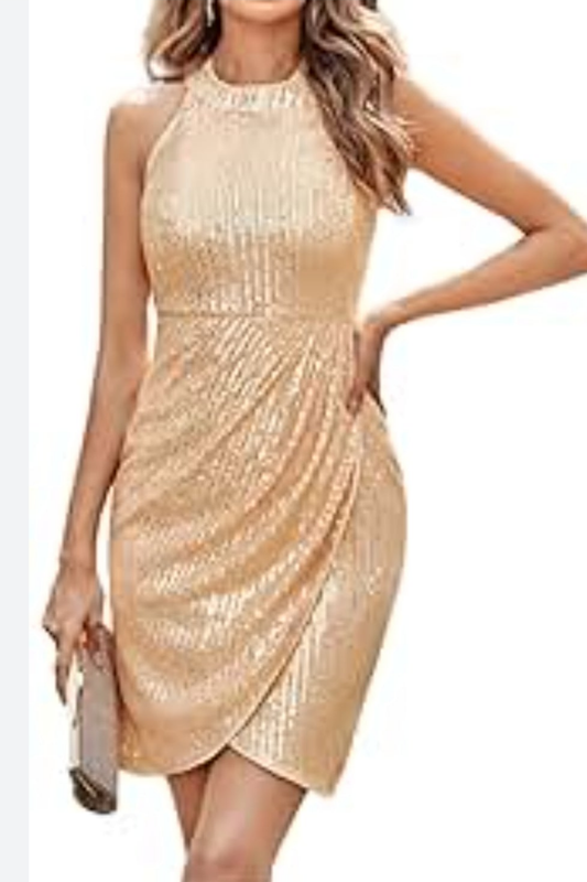 Womens gold ruched sequin evening dress