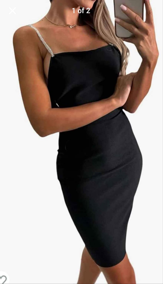 Womens black open back  cocktail dress with rhinestones