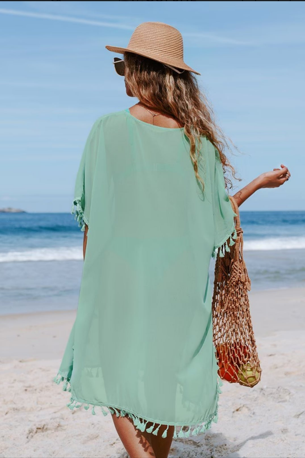 CUPSHE Tinsley light green v-neck tassle beach cover up dress