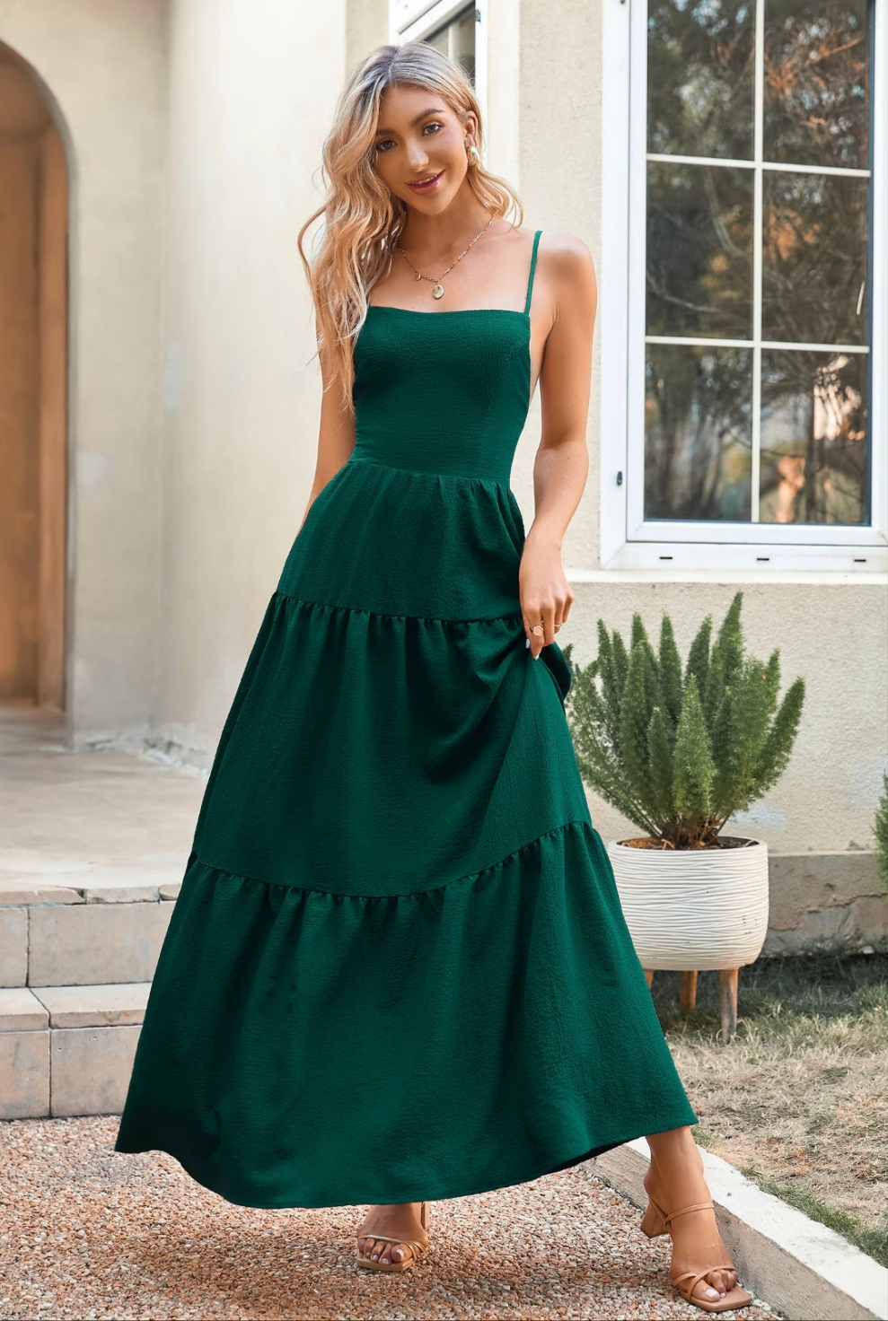 CUPSHE Coral bay lace up open back A -hape long green dress
