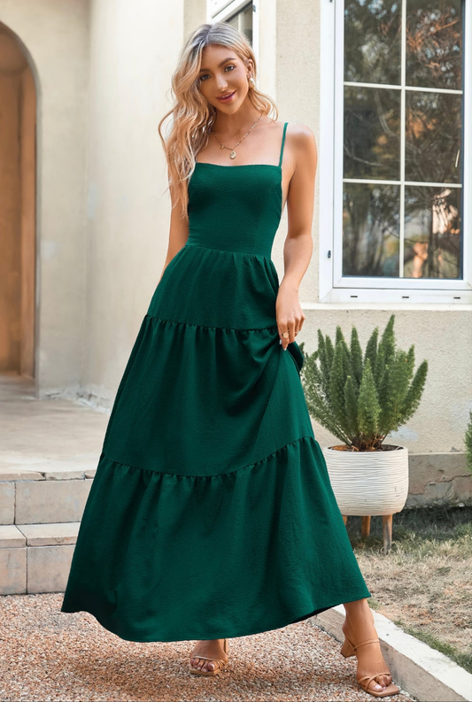 CUPSHE Coral bay lace up open back A -hape long green dress