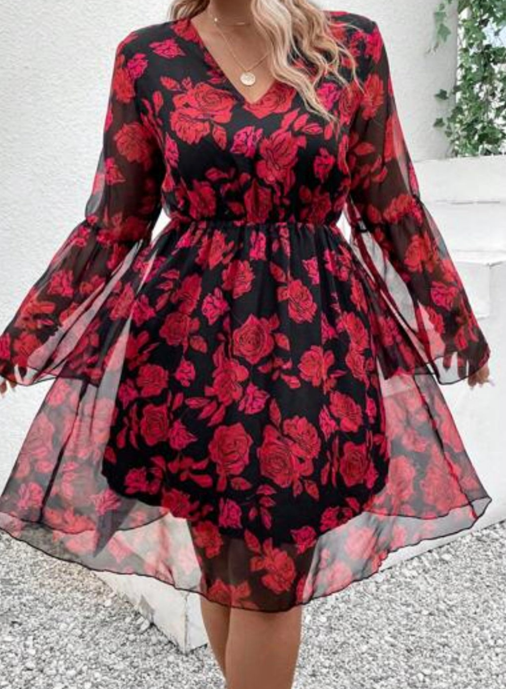 Womens chiffon floral wide sleeve dress