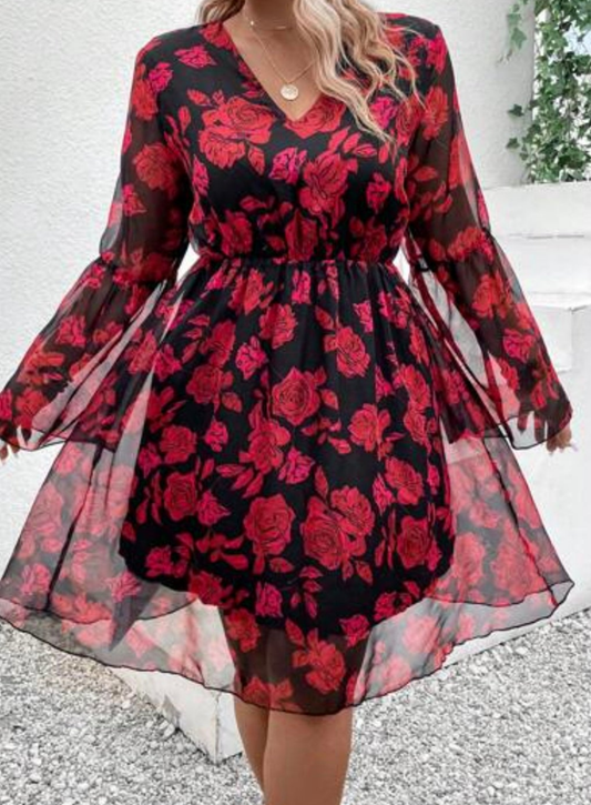 Womens chiffon floral wide sleeve dress