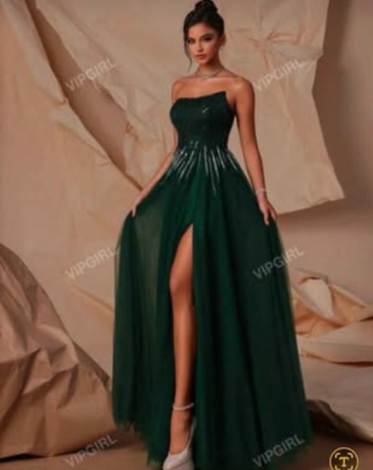 Womens elegant green high slit rhinestone formal evening dress