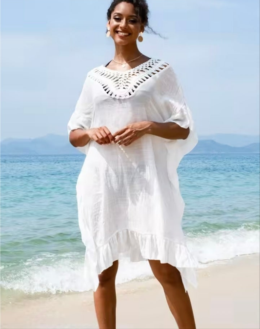 CUPSHE white crochet trim ruffle beach cover up