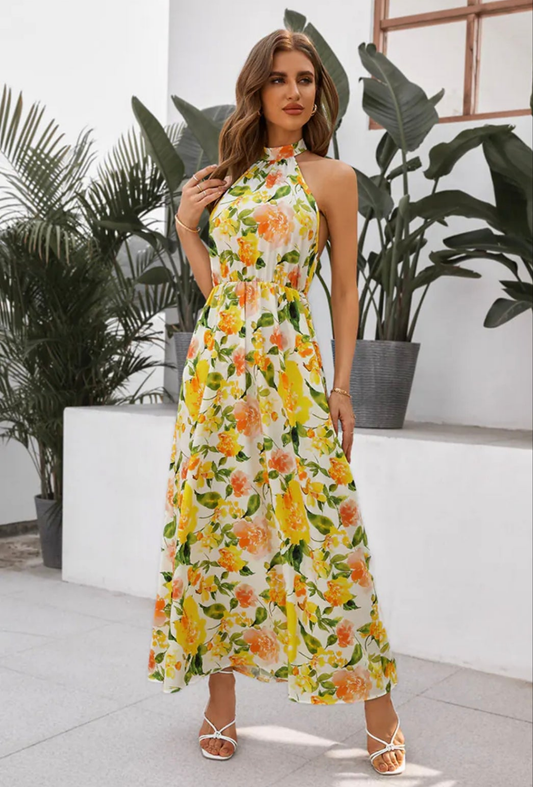 CUPSHE Marlene halter long lemon print summer dress