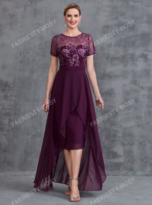 Womens elegant purple embroidered floral formal dress