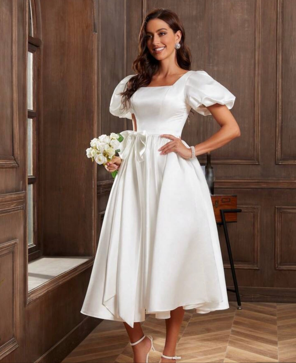 Womens white satin square neck puffy sleeve formal wedding evening dress