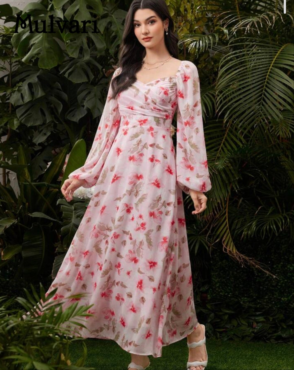 Womens pink floral sweetheart neckline midi long sleeve summer dress