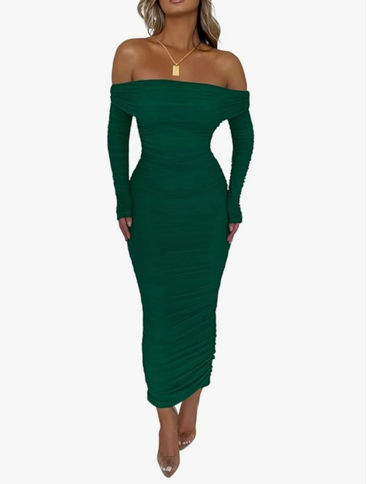 Womens green long sleeve ruched off shoulder midi dress