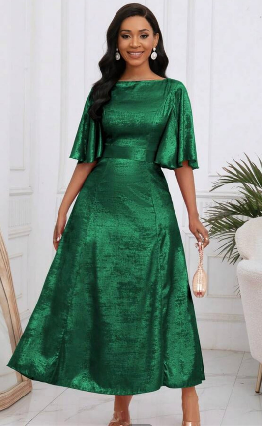Metallic green midi dress with belt