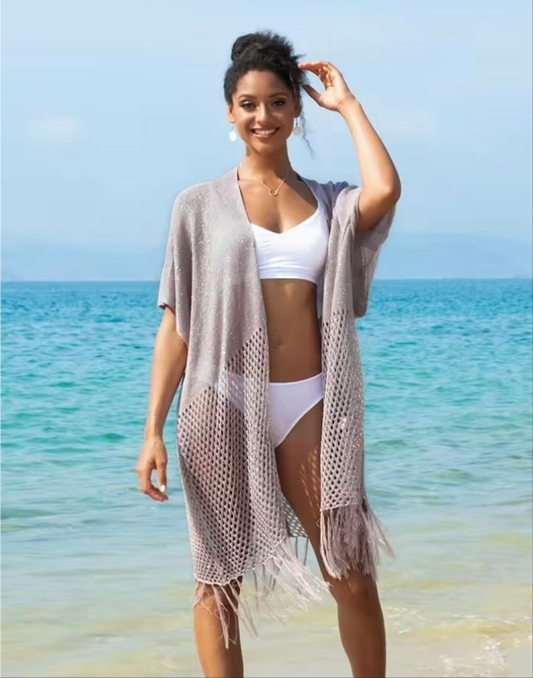 CUPSHE royal beige fringe hem kimono