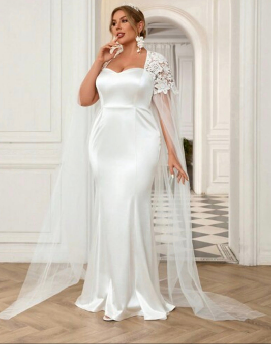 Womens white wedding dress with lace sleeve cape