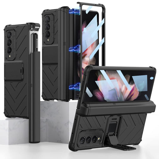 Phone Case for Samsung Galaxy Z Fold 3 5G with S Pen Holder and Adjustable Kickstand 360 Full Protection Built-in Screen Protector Hinge Protection Cover - Black