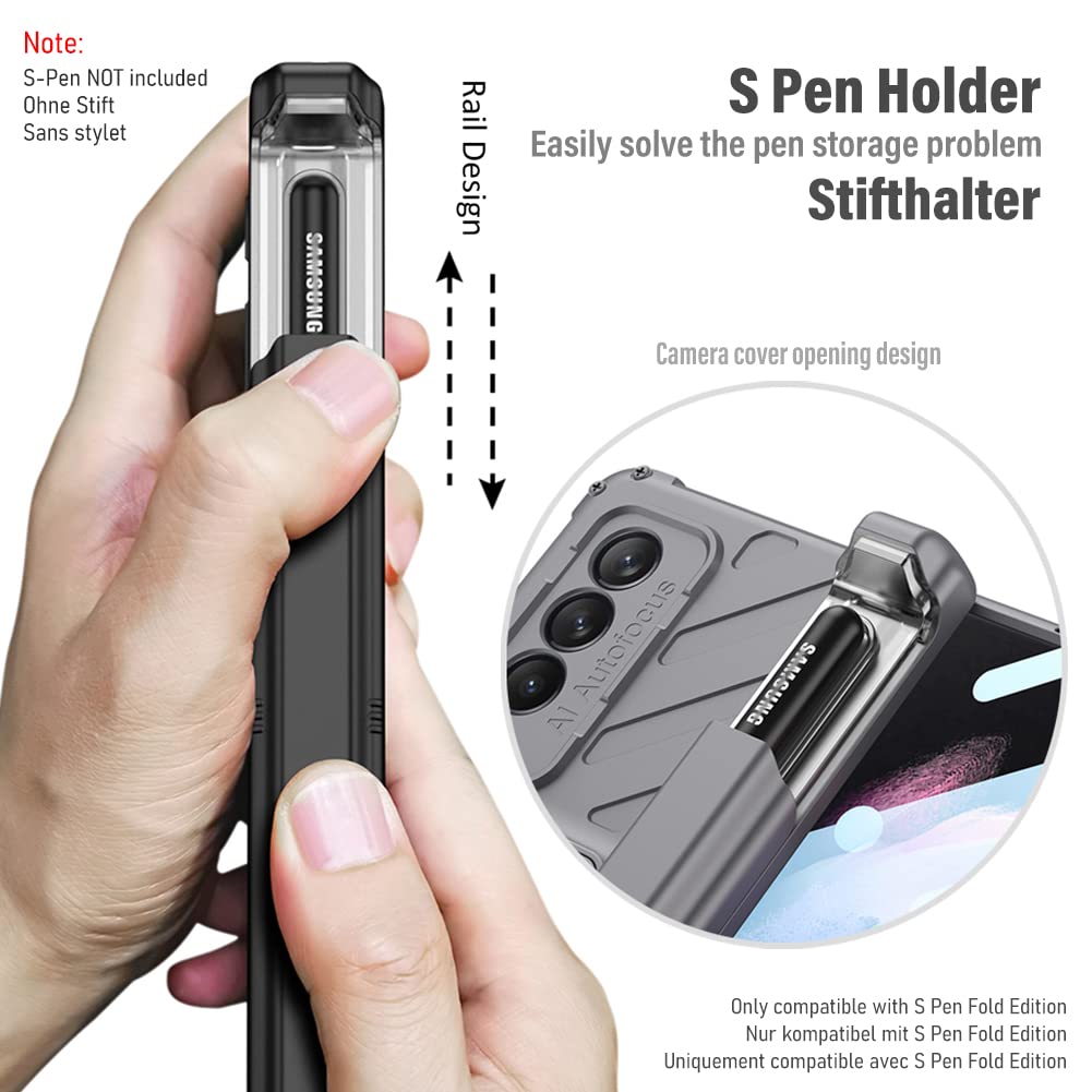 Phone Case for Samsung Galaxy Z Fold 3 5G with S Pen Holder and Adjustable Kickstand 360 Full Protection Built-in Screen Protector Hinge Protection Cover - Black