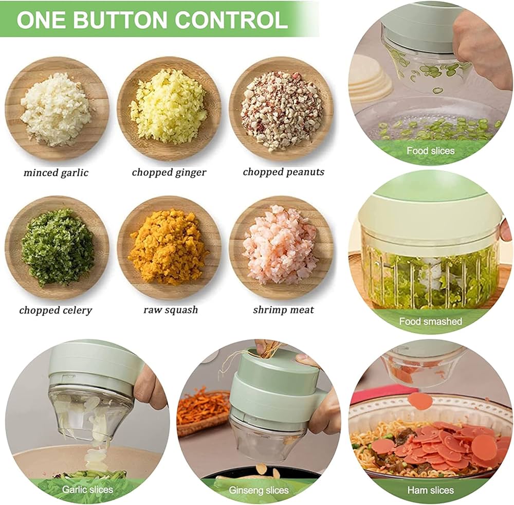 Mutifunctional Electric Vegetable Chopper, 4 In 1 Handheld Electric Vegetable Cutter Set Mini Chopper Food Processor, Small Meat Slicer with Brush for Garlic Pepper Chili Onion Celery Ginger