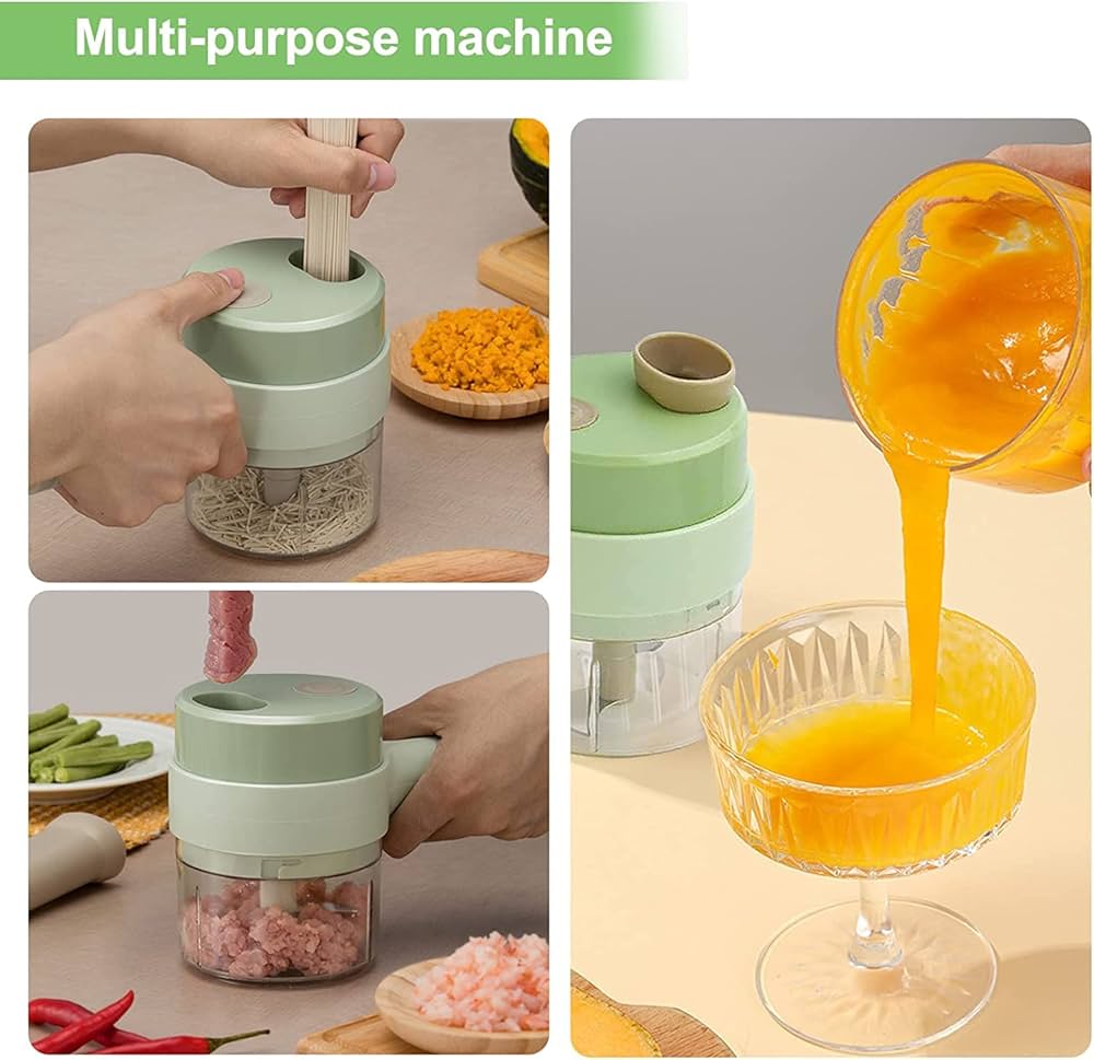 Mutifunctional Electric Vegetable Chopper, 4 In 1 Handheld Electric Vegetable Cutter Set Mini Chopper Food Processor, Small Meat Slicer with Brush for Garlic Pepper Chili Onion Celery Ginger