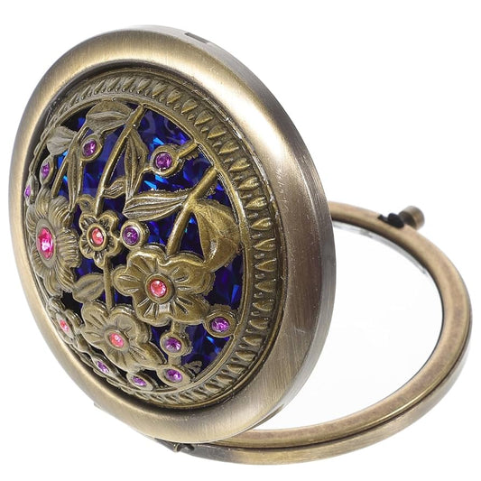 Vintage Folding Mirror, Portable Compact Mirror with Rhinestones, Portable Cosmetic Pocket Mirror, Metal Makeup Mirror, Travel Mirror for Women and Girls,