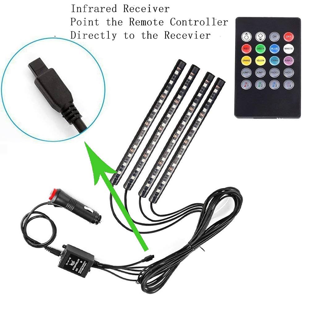 Car LED Strip Light,Uniwit 4 Pieces DC 12V Multicolor Car Interior Music Light LED Underdash Lighting Kit with Sound Active Function and Wireless Remote Control (Remote Control - 72 LED)