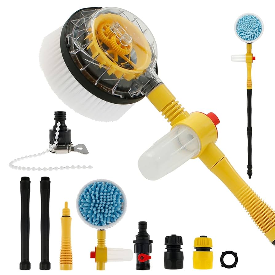 Auto Rotating Car Wash Brush Multifunctional Car Foam Cleaning Kit with 360° Spin Head Portable Chenille Car Scrub Brush High Pressure Cleaning Tool Long Handle for Home Car(Waterless Pipe)