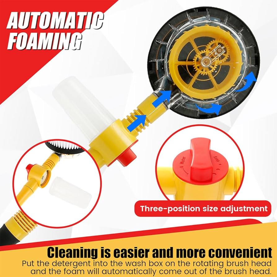 Auto Rotating Car Wash Brush Multifunctional Car Foam Cleaning Kit with 360° Spin Head Portable Chenille Car Scrub Brush High Pressure Cleaning Tool Long Handle for Home Car(Waterless Pipe)