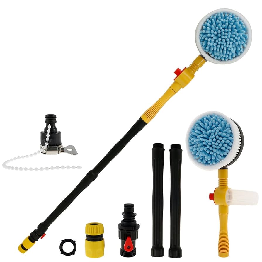 Auto Rotating Car Wash Brush Multifunctional Car Foam Cleaning Kit with 360° Spin Head Portable Chenille Car Scrub Brush High Pressure Cleaning Tool Long Handle for Home Car(Waterless Pipe)