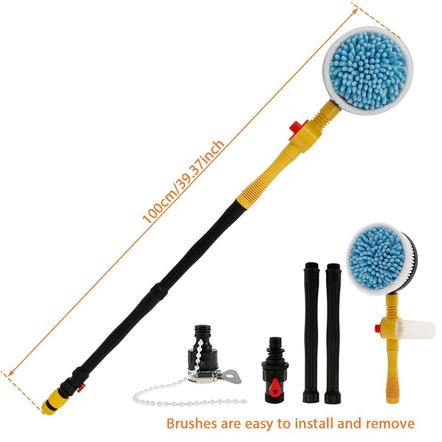 Auto Rotating Car Wash Brush Multifunctional Car Foam Cleaning Kit with 360° Spin Head Portable Chenille Car Scrub Brush High Pressure Cleaning Tool Long Handle for Home Car(Waterless Pipe)
