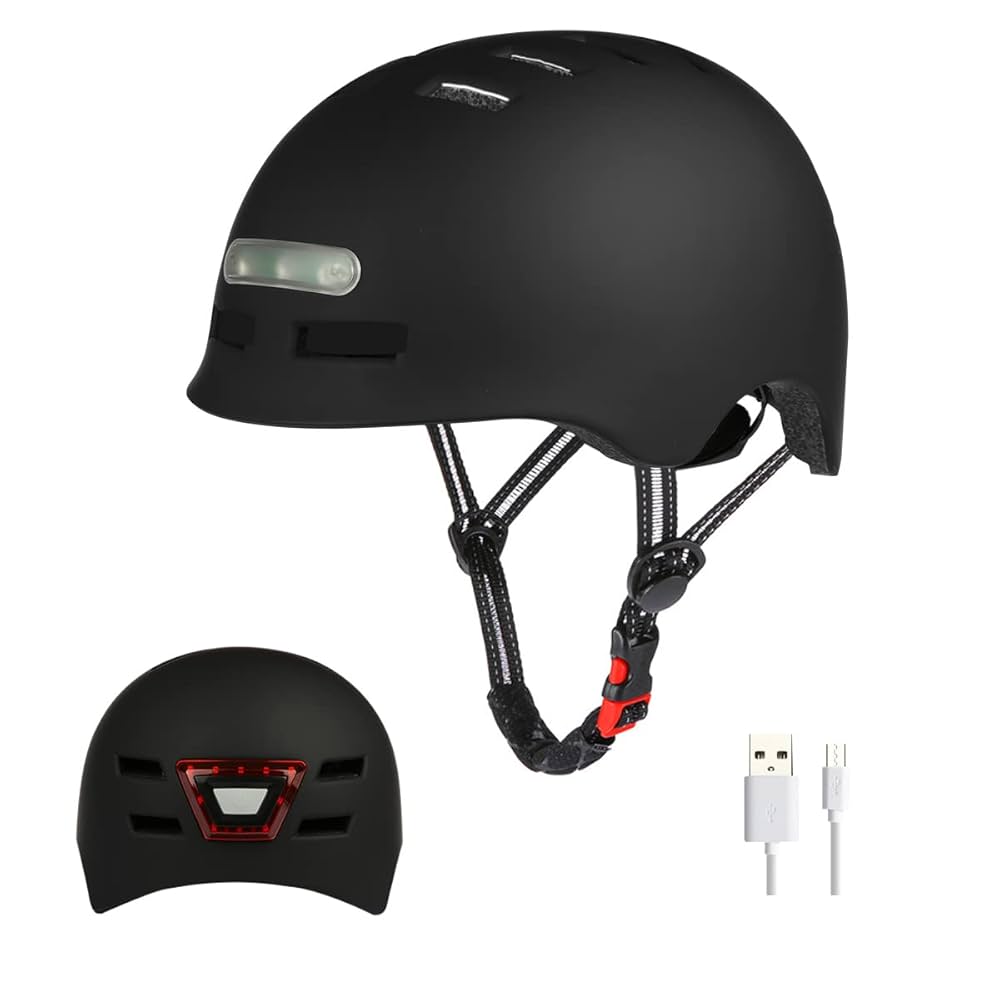 Adult Bicycle Helmet with Rechargeable USB Front & Back LED Light/Thick EPS Foam,Bike Helmet for Urban Commuter Men Women,Adjustable Lightweight Cycling Helmet Black