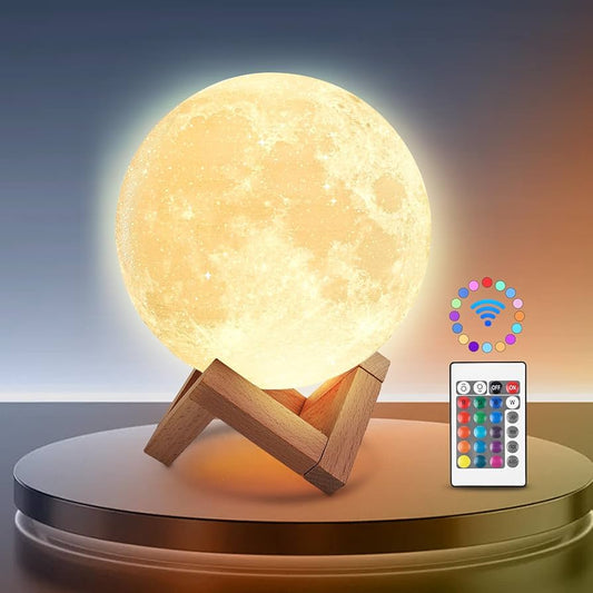 Moon Lamp 5.9inch/15cm Moon Night Light Upgraded 16-Colour Adjustment, Wooden Stand,Remote/Touch Control&USB Charging,3D Printing Moon Decor for Adults Girls Kids Birthday, Valentine Item for Women