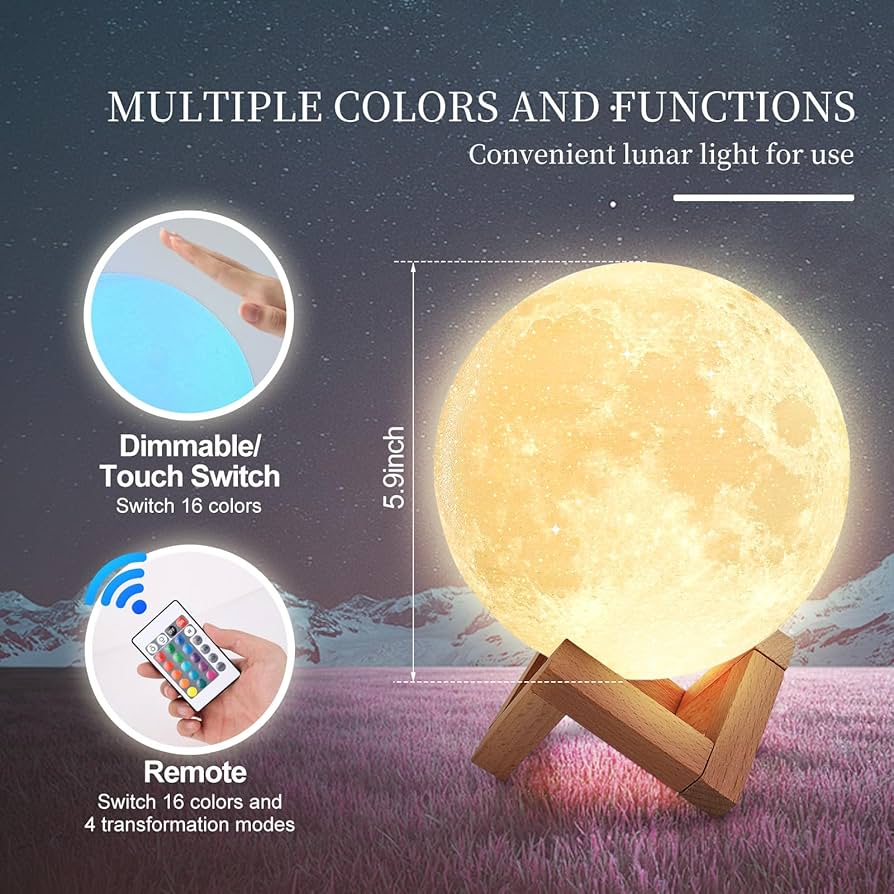 Moon Lamp 5.9inch/15cm Moon Night Light Upgraded 16-Colour Adjustment, Wooden Stand,Remote/Touch Control&USB Charging,3D Printing Moon Decor for Adults Girls Kids Birthday, Valentine Item for Women