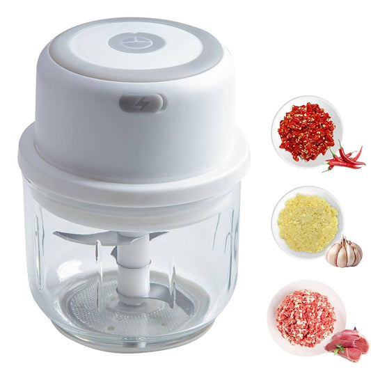 Electric Garlic Chopper Portable Small Food Processor, 300ML Glass Containers with Food Divider, Waterproof Body, One-touch Press to Chop Onion For Ginger, Chili, Fruit, Meat, Spices, Beans