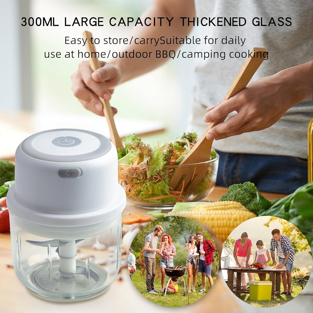 Electric Garlic Chopper Portable Small Food Processor, 300ML Glass Containers with Food Divider, Waterproof Body, One-touch Press to Chop Onion For Ginger, Chili, Fruit, Meat, Spices, Beans