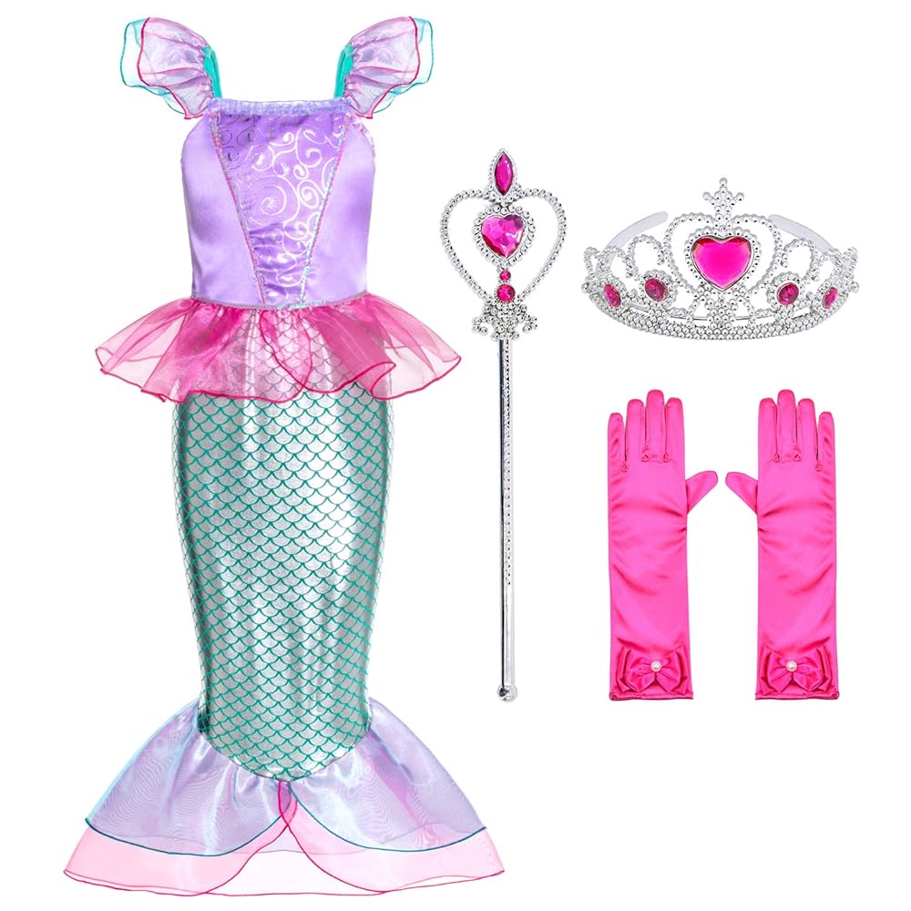 Little Girls Mermaid Princess Costume for Girls Dress Up Party with Gloves,Crown Mace.  With purple gloves and gems not pink
