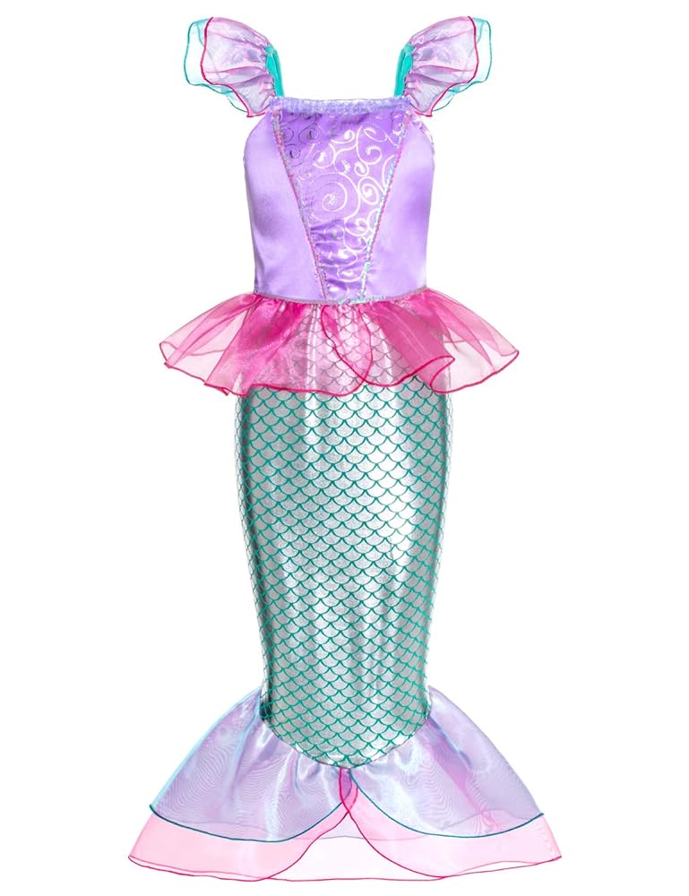 Little Girls Mermaid Princess Costume for Girls Dress Up Party with Gloves,Crown Mace.  With purple gloves and gems not pink