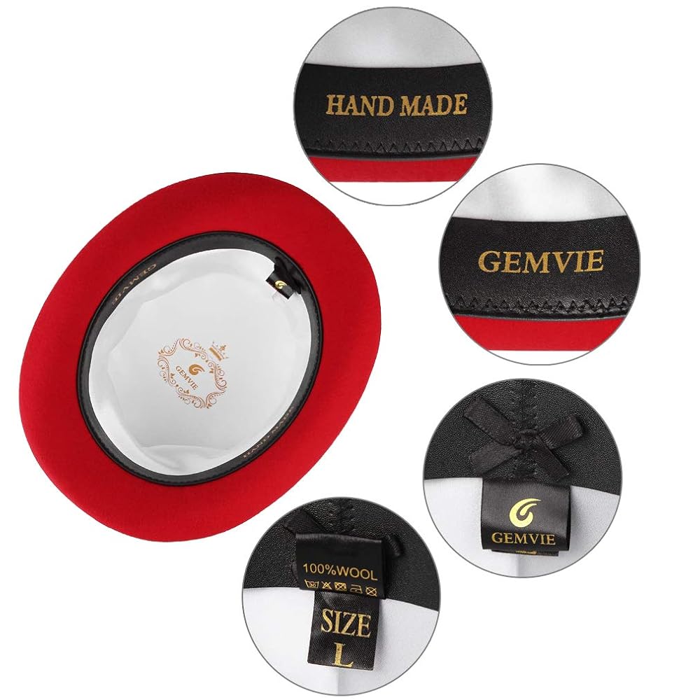 GEMVIE Men 100% Wool Top Hat Mad Hatter Satin Lined Low Top Hats (feather not included)
Size: Small