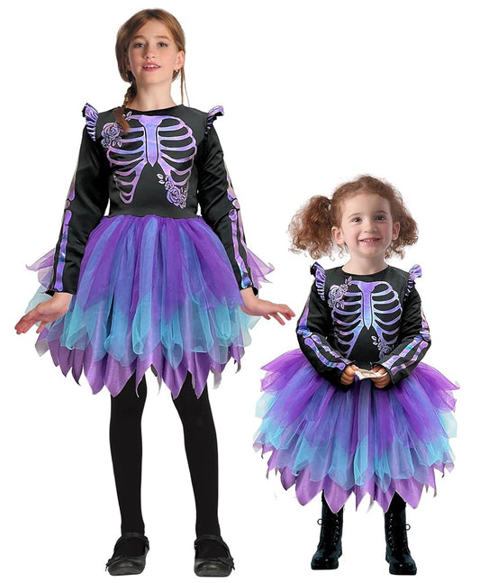Halloween Skeleton Costume for Kids, Skeleton Tutu Dress for Girls, Reflective Skeleton Costume for Girls