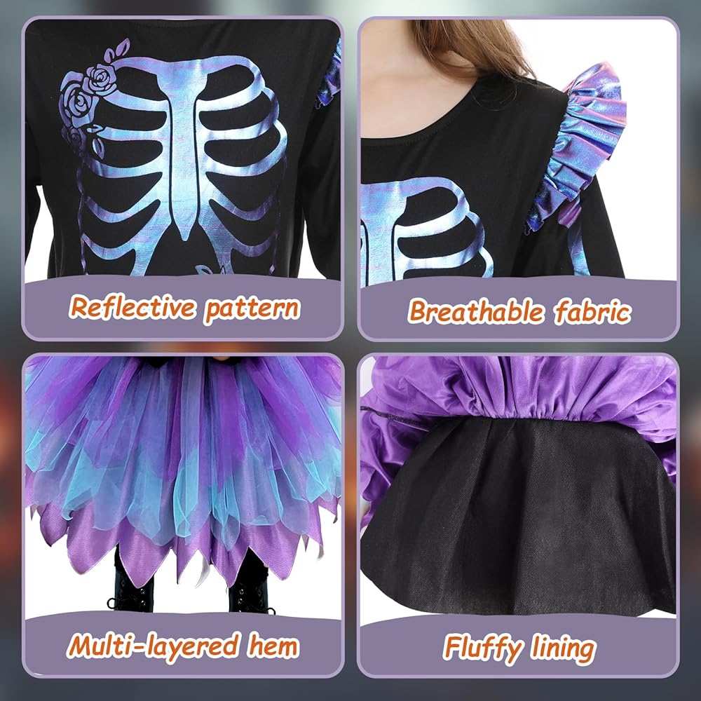 Halloween Skeleton Costume for Kids, Skeleton Tutu Dress for Girls, Reflective Skeleton Costume for Girls