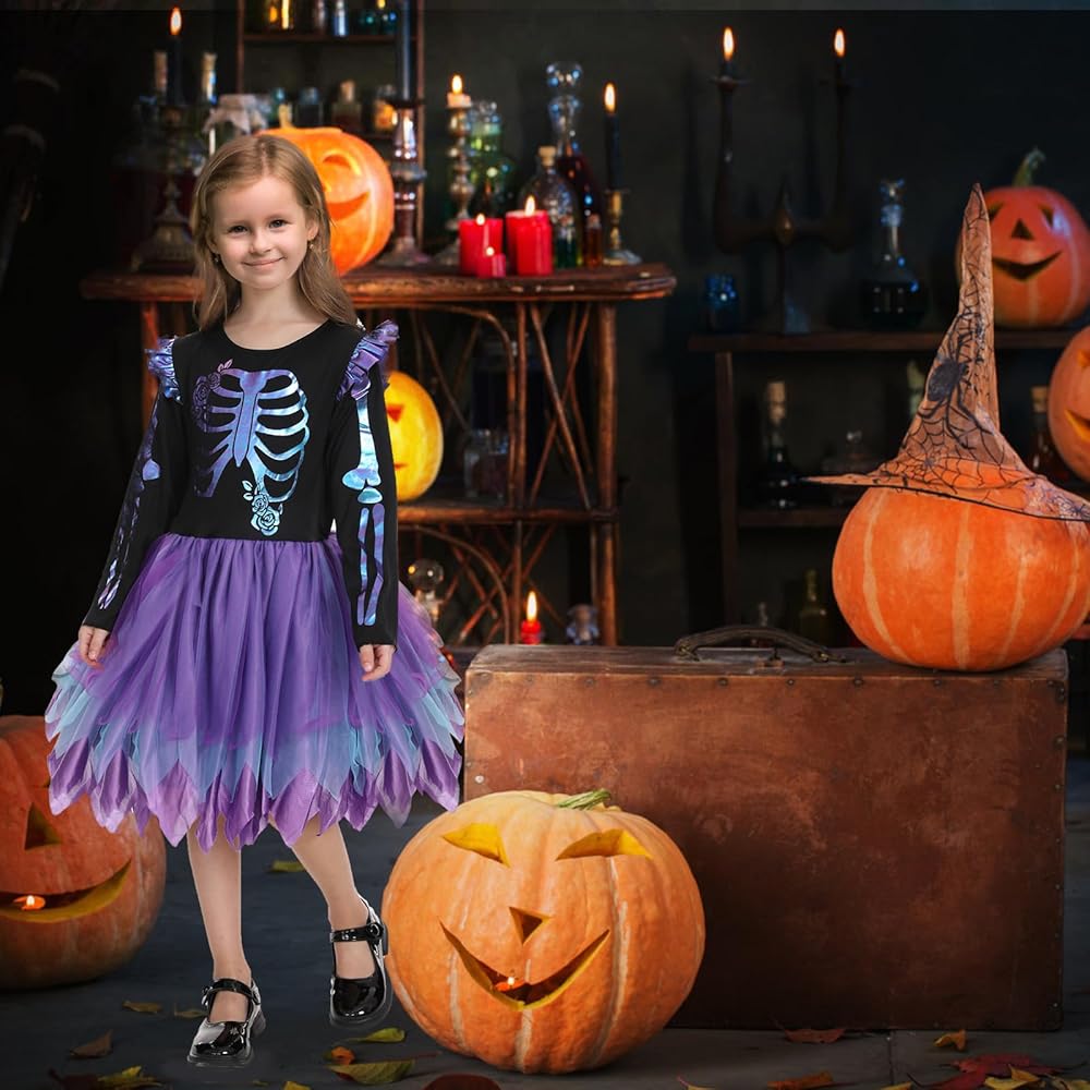 Halloween Skeleton Costume for Kids, Skeleton Tutu Dress for Girls, Reflective Skeleton Costume for Girls