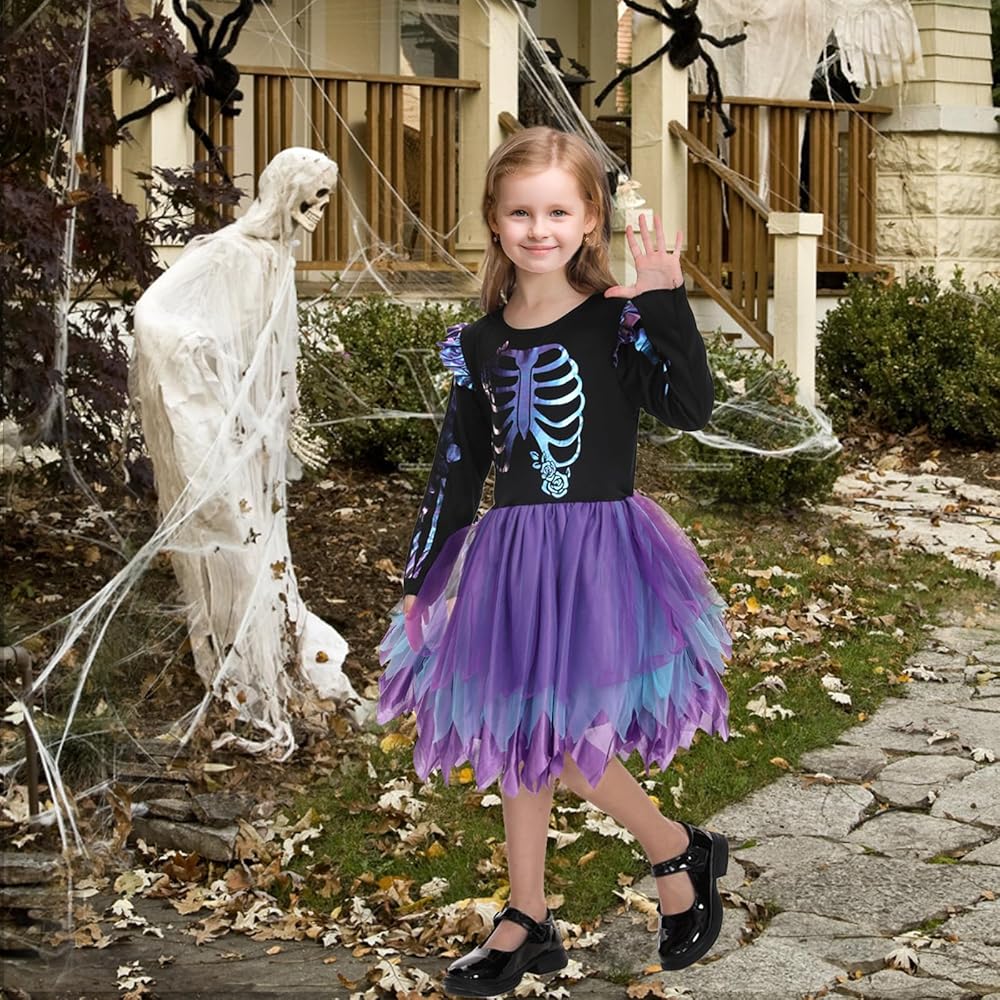 Halloween Skeleton Costume for Kids, Skeleton Tutu Dress for Girls, Reflective Skeleton Costume for Girls
