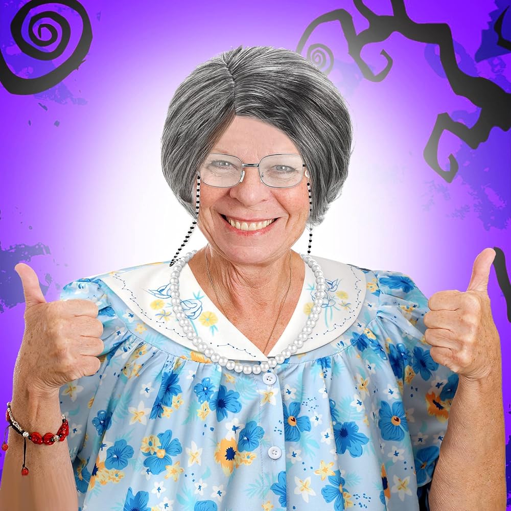 Old Lady Costume 100 Days of School Granny Wig Crutch Glasses Chains
