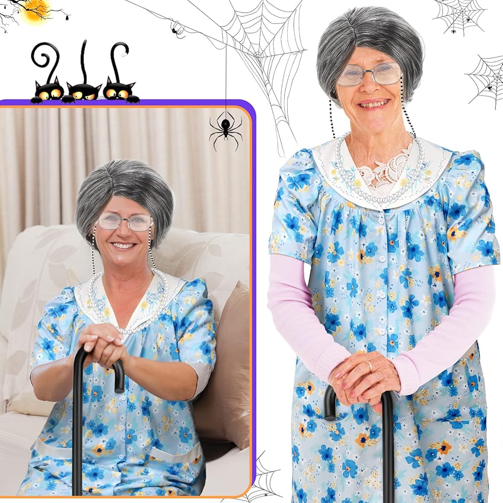 Old Lady Costume 100 Days of School Granny Wig Crutch Glasses Chains