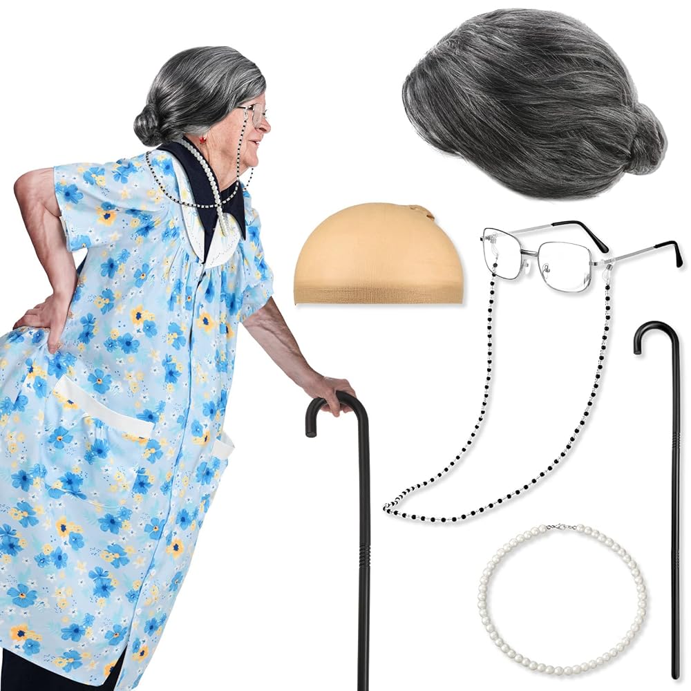 Old Lady Costume 100 Days of School Granny Wig Crutch Glasses Chains