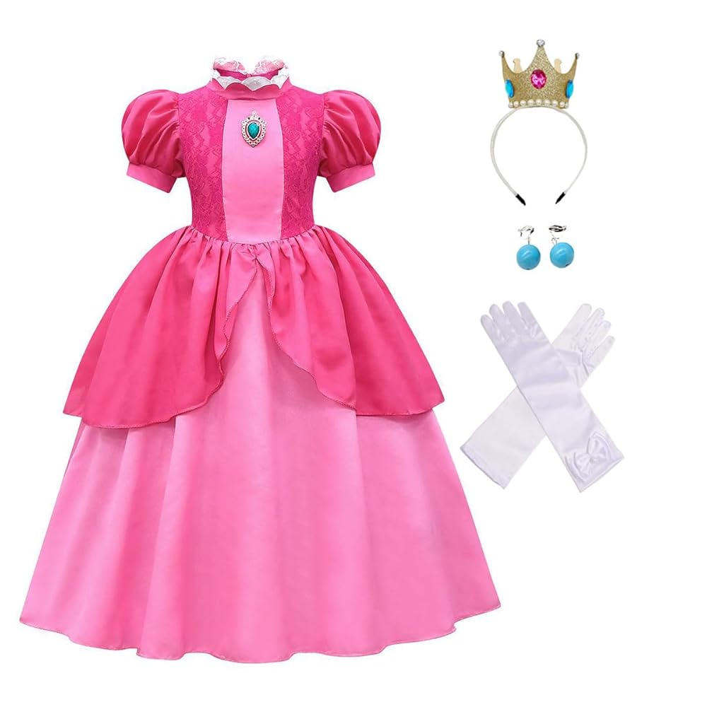 Princess Peach Costume Kids Cosplay Fancy Dress Up Outfits With Accessories