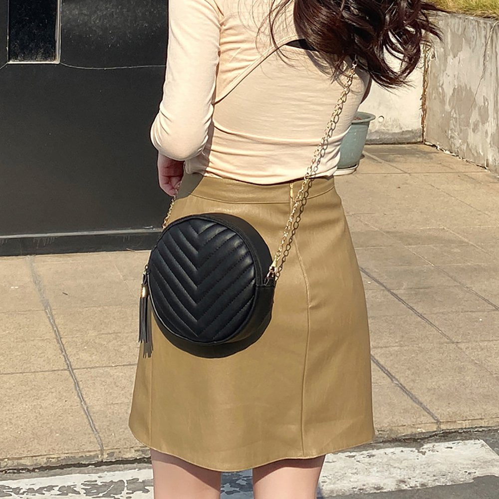 Women PU Leather Embroidery Thread with Tassel Zipper Shoulder Bag