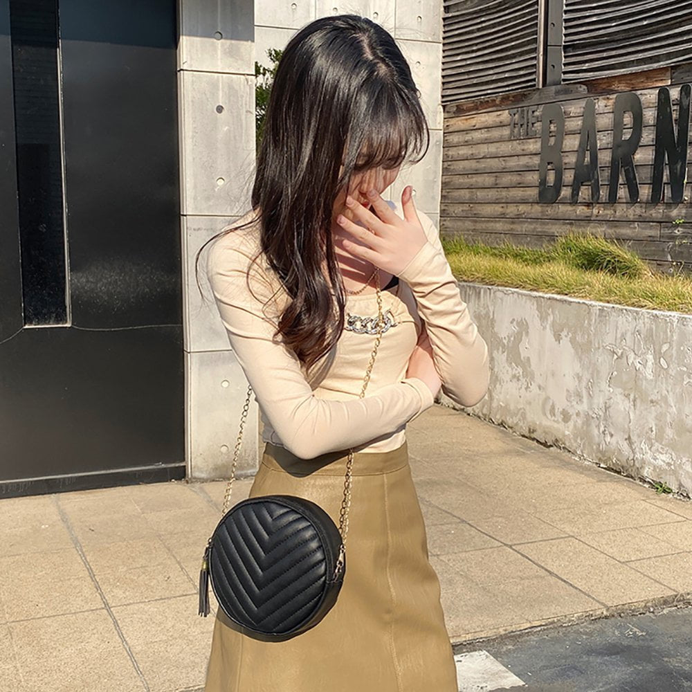 Women PU Leather Embroidery Thread with Tassel Zipper Shoulder Bag