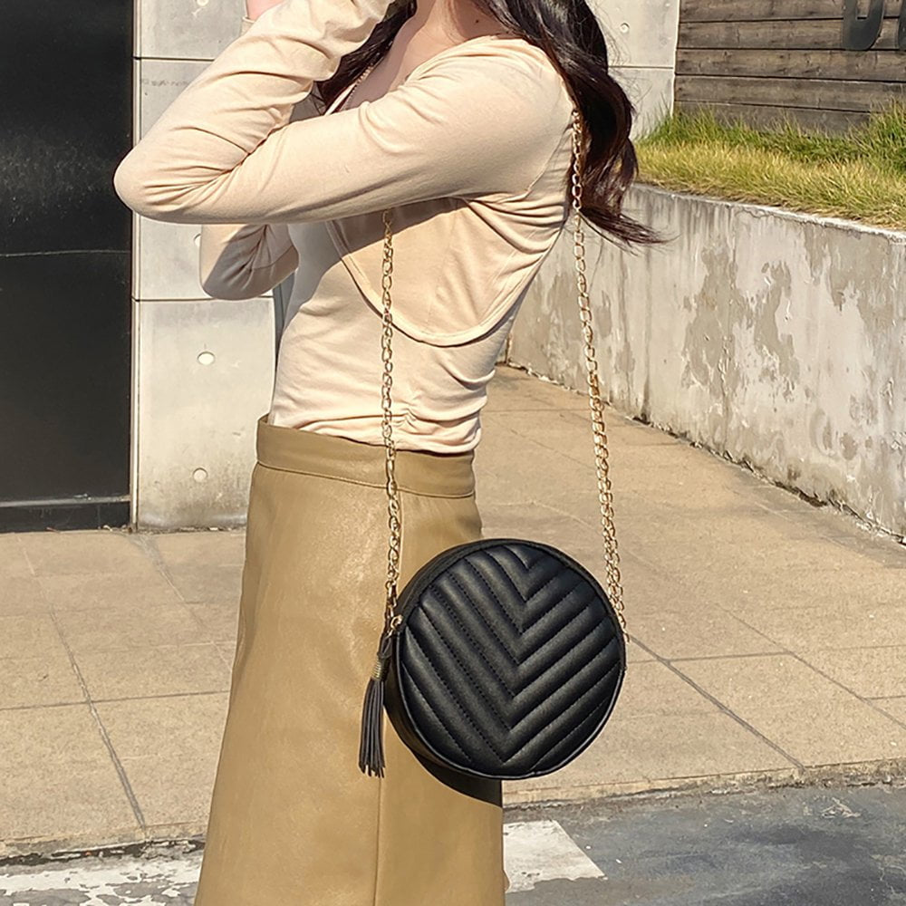 Women PU Leather Embroidery Thread with Tassel Zipper Shoulder Bag