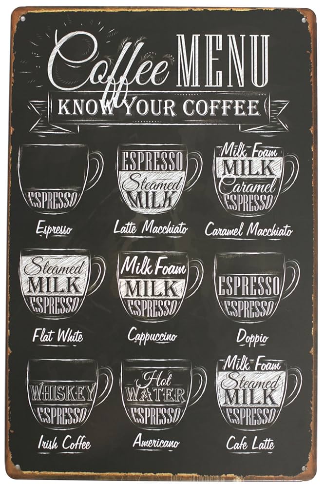 Coffee Menu Know Your Coffee Latte Espresso Metal Tin Sign, Vintage Antique Plaque Poster